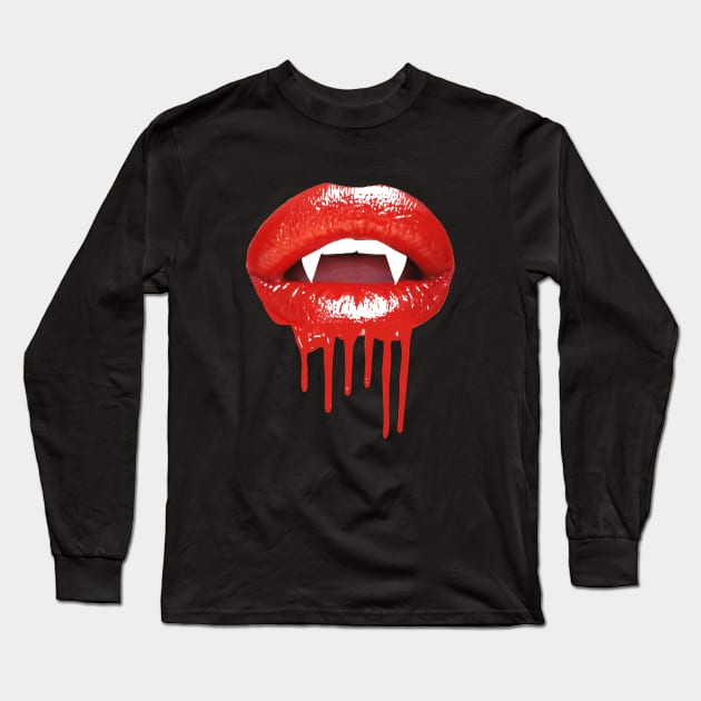 1980s Halloween  Gothic Red Lips Vampire Fangs Long Sleeve T-Shirt by Tina